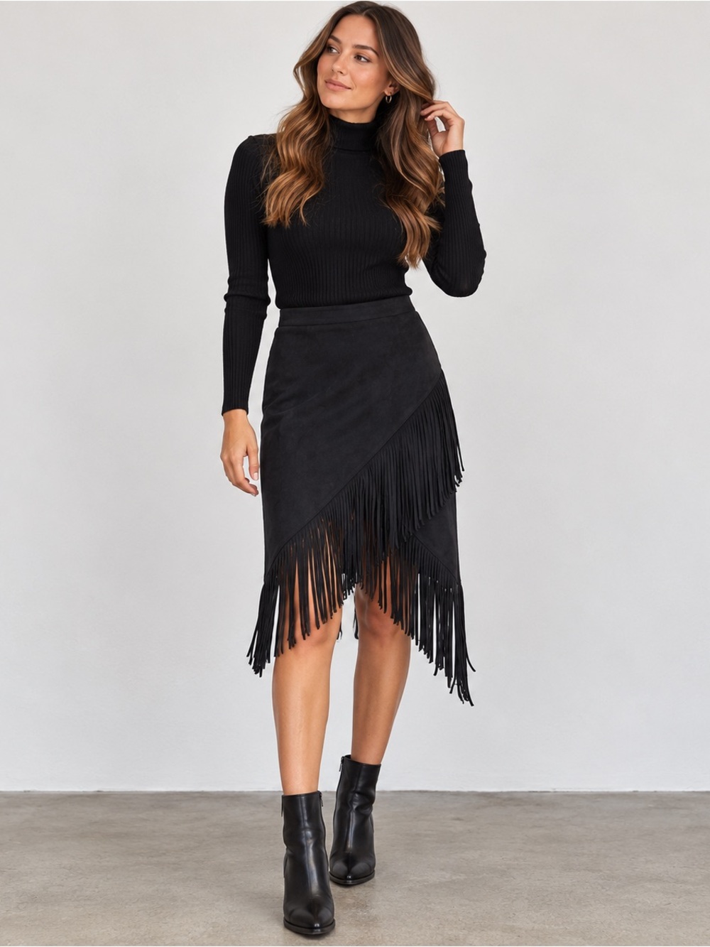 Express Black Faux Suede Fringe Asymmetrical Midi Skirt Size 4 Western Boho